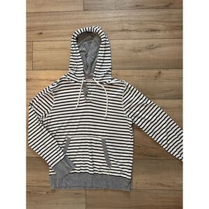 American Eagle Hoodie Mens Large White Striped Henley Sweater Hooded Pullover L